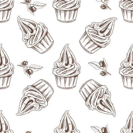 Vector vintage ice cream seamless pattern. Hand drawn monochrome illustration of soft ice cream or frozen yogurt in a cup and blueberry. Great for menu, poster or restaurant background.のイラスト素材