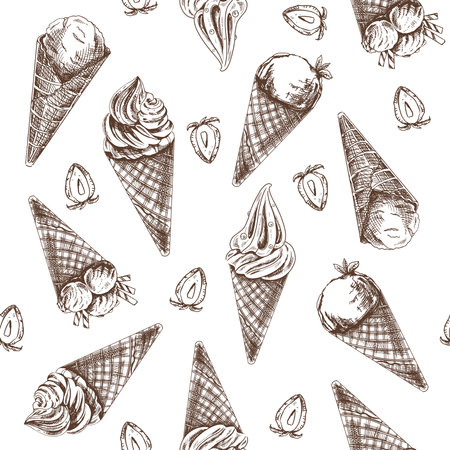 Vector vintage ice cream seamless pattern. Hand drawn monochrome illustration of waffle cones with frozen yogurt or soft ice cream and strawberries. Great for menu, poster or restaurant background.のイラスト素材