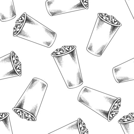 Vector vintage fast food seamless pattern. Hand drawn monochrome junk food illustration of paper cup of cola. Great for menu, poster or restaurant background.のイラスト素材