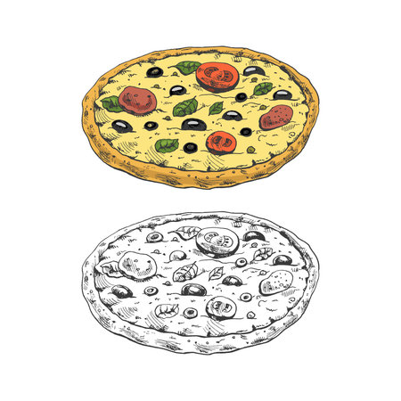 Hand-drawn colored and monochrome sketch of pizza Margherita. Traditional Italian food. Dough, tomato sauce, melted mozzarella cheese, basil leaves, tomatoes. vintage illustration.のイラスト素材