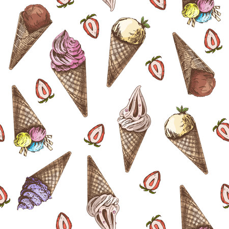Vector vintage ice cream seamless pattern. Hand drawn colored illustration of waffle cones with frozen yogurt or soft ice cream and strawberries. Great for menu, poster or restaurant background.のイラスト素材
