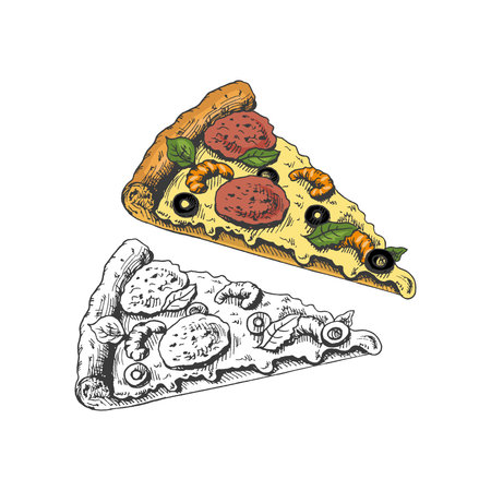 Hand-drawn colored and monochrome sketch set of pizza slice. Pizza with mozzarella, tomato sauce, sausage, olives, shrimps, melted cheese. Fast food vintage illustration.のイラスト素材