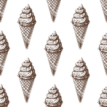 Vector vintage ice cream seamless pattern. Hand drawn monochrome illustration of waffle cones with frozen yogurt or soft ice cream. Great for menu, poster or restaurant background.のイラスト素材