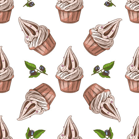 Vector vintage ice cream seamless pattern. Hand drawn colored illustration of soft ice cream or frozen yogurt in a cup and blueberry. Great for menu, poster or restaurant background.のイラスト素材