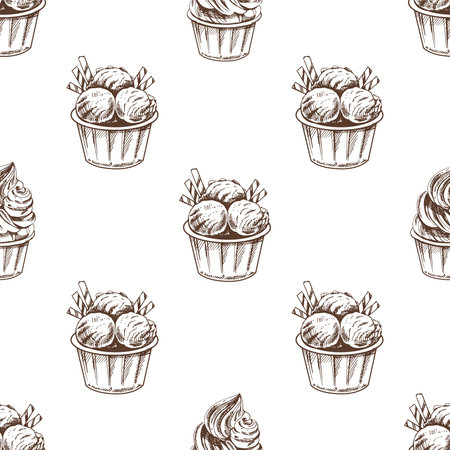 Vector vintage ice cream seamless pattern. Hand drawn monochrome illustration of an ice cream balls in a cup. Great for menu, poster or restaurant background.のイラスト素材