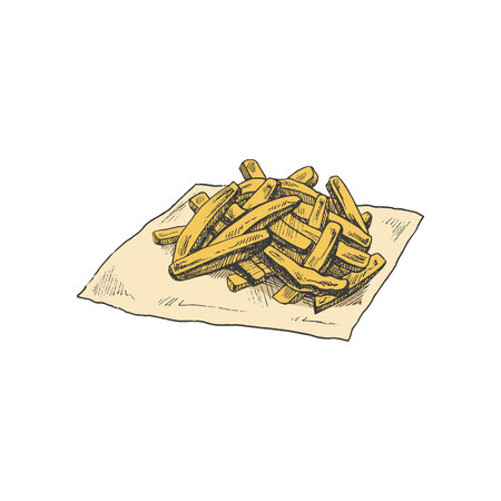 Hand-drawn colored sketch of french fries isolated on white background. fast food illustration. vintage drawing. Great for menu, poster or restaurant background.のイラスト素材