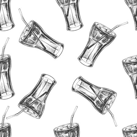 Vector vintage fast food seamless pattern. Hand drawn monochrome junk food illustration of cola glass with ice. Great for menu, poster or restaurant background.のイラスト素材