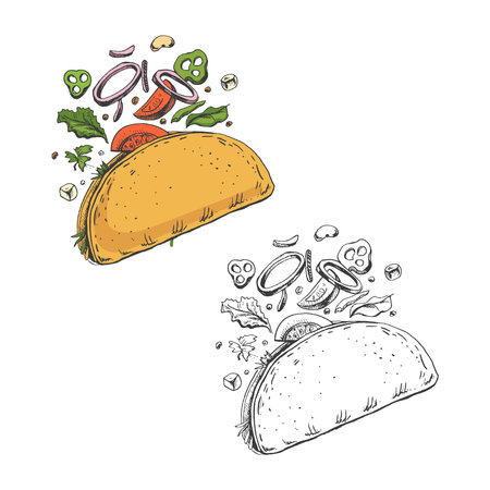 Hand-drawn colored and monochrome sketch set of tacos on white background. Flying ingredients. Onion rings, tomato, cucumber, beans, tortilla. Fast food vintage illustration.のイラスト素材