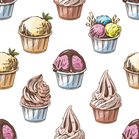 Vector vintage ice cream seamless pattern. Hand drawn colored illustration of ice cream balls, frozen yoghurt or cupcakes in cups. Great for menu, poster or restaurant background.のイラスト素材