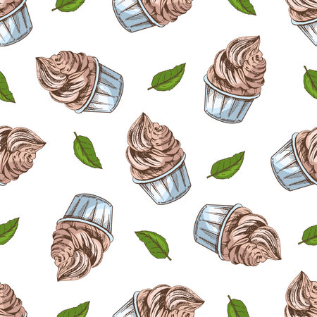 Vector vintage ice cream seamless pattern. Hand drawn colored illustration of frozen yogurt or soft ice cream, cupcake in a cup. Great for menu, poster or restaurant background.のイラスト素材