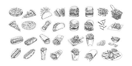 Hand-drawn sketch of burgers, potato french fries, chips, potato slices, pizza, hot dogs, burritos, tacos set. vintage illustration. Great for menu, poster or restaurant background.の写真素材