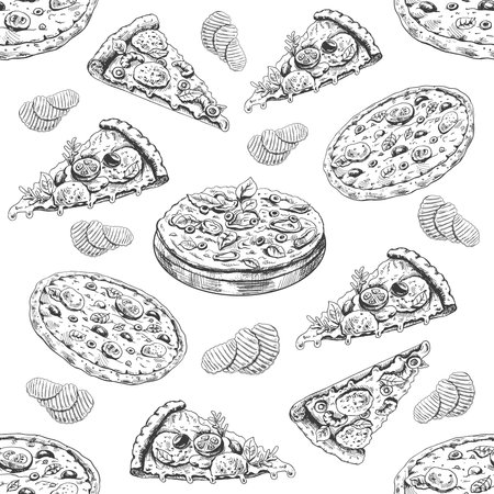 Vector vintage fast food seamless pattern. Hand drawn monochrome junk food illustration with whole pizza, pizza slice and potato chips. Great for menu, poster or restaurant background.の写真素材