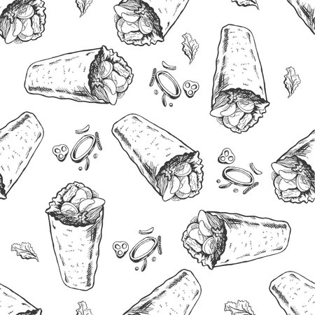 Vector vintage fast food seamless pattern. Hand drawn monochrome junk food illustration with burritos and vegetables. Great for menu, poster or restaurant background.のイラスト素材