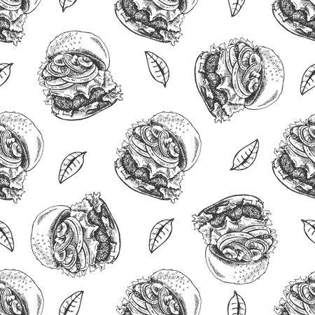 Vector vintage fast food seamless pattern. Hand drawn monochrome junk food illustration with burger and greenery. Great for menu, poster or restaurant background.の写真素材