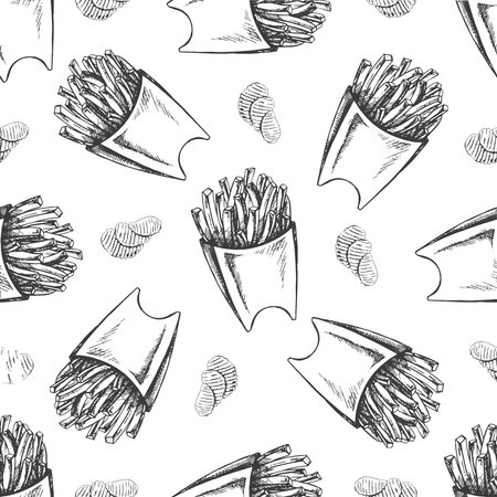 Vector vintage fast food seamless pattern. Hand drawn monochrome junk food illustration with potato chips and french fries. Great for menu, poster or restaurant background.のイラスト素材