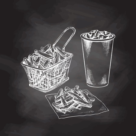 Hand-drawn white sketch of french fries in metal mesh container and paper cup of cola with ice isolated on chalk background. Monochrome junk food vintage illustration. Great for menu, poster or restaurant background.のイラスト素材