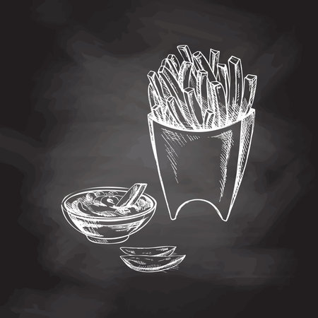 Hand-drawn white sketch of french fries in a carton box and tomato sauce isolated on chalk background. Monochrome junk food vintage illustration. Great for menu, poster or restaurant background.のイラスト素材