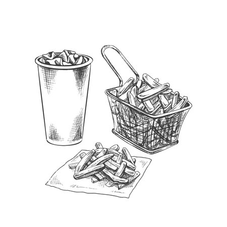 Hand-drawn sketch of french fries in metal mesh container and paper cup of cola with ice, isolated. Monochrome junk food vintage illustration. Great for menu, poster or restaurant background.のイラスト素材