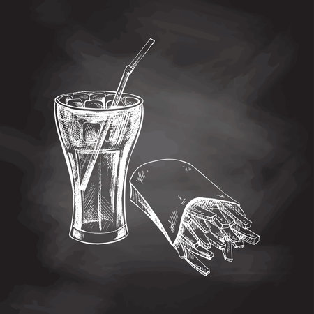 Hand-drawn white sketch of french fries in a carton box and cola glass with ice isolated on chalk background. Monochrome junk food vintage illustration. Great for menu, poster or restaurant background.のイラスト素材