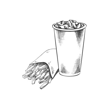 Hand-drawn sketch of french fries in a cardboard box and paper cup of cola with ice, isolated. Monochrome junk food vintage illustration. Great for menu, poster or restaurant background.のイラスト素材