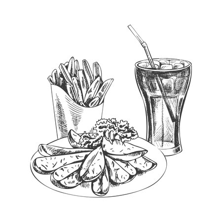 Hand-drawn sketch of french fries carton box, cola glass and plate with slices of baked potatoes, isolated. Monochrome junk food vintage illustration. Great for menu, poster or restaurant background.のイラスト素材