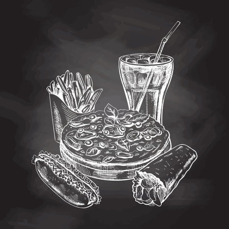 Hand-drawn white sketch of pizza, cola glass, burrito, french fries and hot dog isolated on chalk background. Monochrome junk food vintage illustration. Great for menu, poster or restaurant backgroundのイラスト素材