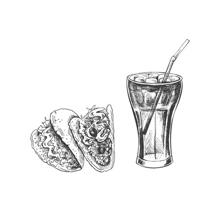 Hand-drawn sketch of tacos, cola glass with ice, isolated. Monochrome junk food vintage illustration. Great for menu, poster or restaurant background.のイラスト素材
