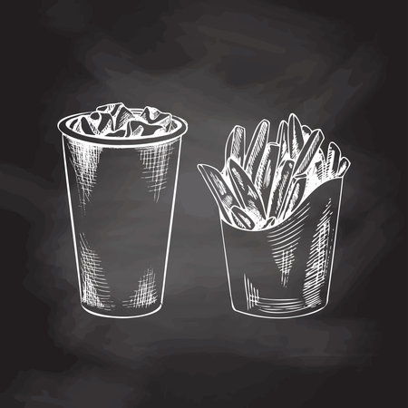 Hand-drawn white sketch of french fries carton box, paper cup of cola with ice isolated on chalk background. Monochrome junk food vintage illustration. Great for menu, poster or restaurant background.のイラスト素材