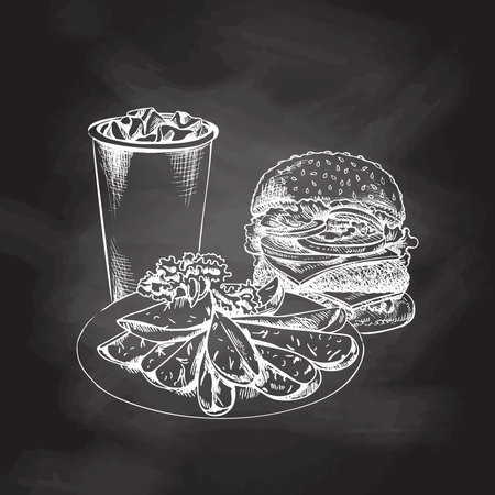 Hand-drawn white sketch of burger, paper cup of cola and plate with slices of baked potatoes on chalk background. Monochrome junk food vintage illustration. Great for menu, poster or restaurant background.のイラスト素材