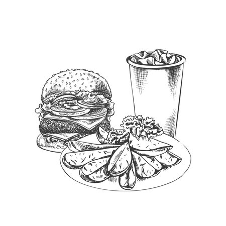Hand-drawn sketch of burger, paper cup of cola and plate with slices of baked potatoes, isolated. Monochrome junk food vintage illustration. Great for menu, poster or restaurant background.のイラスト素材
