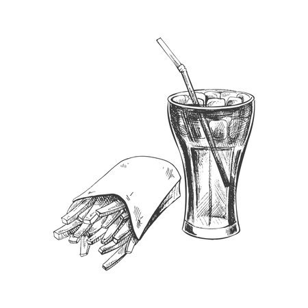 Hand-drawn sketch of french fries in a carton box and cola glass with ice, isolated. Monochrome junk food vintage illustration. Great for menu, poster or restaurant background.のイラスト素材