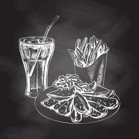 Hand-drawn white sketch of french fries carton box, cola glass and plate with slices of baked potatoes isolated on chalk background. Monochrome junk food vintage illustration. Great for menu, poster or restaurant background.のイラスト素材
