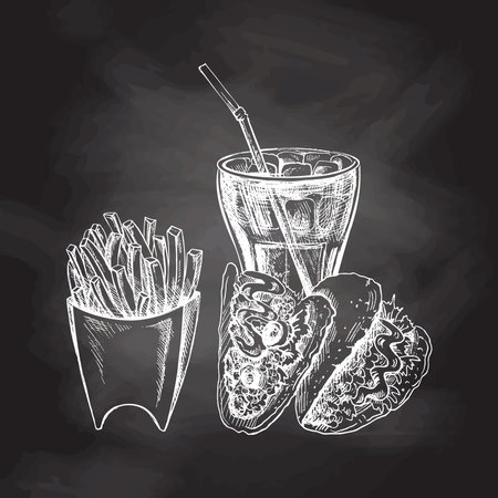 Hand-drawn white sketch of french fries, tacos and cola glass on chalk background. Monochrome junk food vintage illustration. Great for menu, poster or restaurant background.のイラスト素材