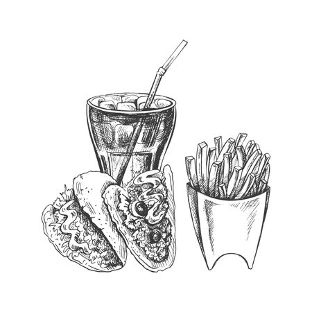 Hand-drawn sketch of french fries, tacos and cola glass, isolated. Monochrome junk food vintage illustration. Great for menu, poster or restaurant background.のイラスト素材