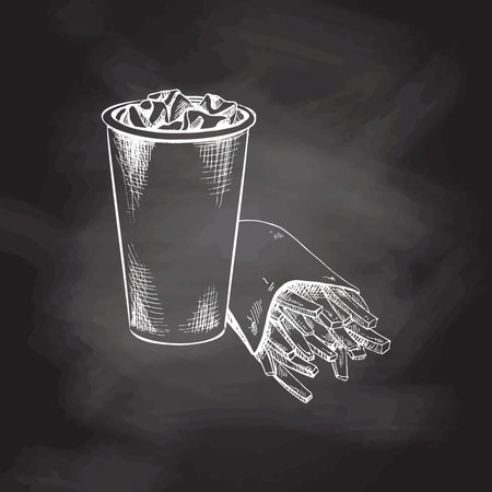 Hand-drawn white sketch of french fries in a carton box and paper cup of cola with ice isolated on chalk background. Monochrome junk food vintage illustration. Great for menu, poster or restaurant background.のイラスト素材