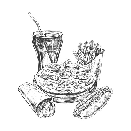 Hand-drawn sketch of pizza, cola glass, burrito, french fries and hot dog, isolated. Monochrome junk food vintage illustration. Great for menu, poster or restaurant backgroundのイラスト素材