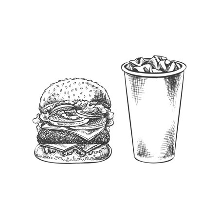 Hand-drawn sketch of burger, paper cup of cola with ice, isolated. Monochrome junk food vintage illustration. Great for menu, poster or restaurant background.のイラスト素材