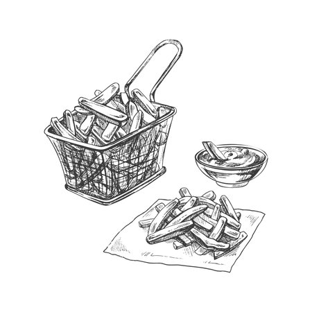 Hand-drawn sketch of french fries in metal mesh container and tomato sause, isolated. Monochrome junk food vintage illustration. Great for menu, poster or restaurant background.のイラスト素材