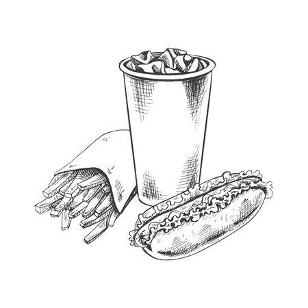 Hand-drawn sketch of french fries in a cardboard box, hot dog and paper cup of cola with ice, isolated. Monochrome junk food vintage illustration. Great for menu, poster or restaurant background.のイラスト素材