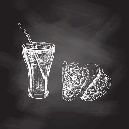 Hand-drawn white sketch of tacos, cola glass with ice isolated on chalk background. Monochrome junk food vintage illustration. Great for menu, poster or restaurant background.のイラスト素材