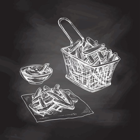 Hand-drawn white sketch of french fries in metal mesh container and tomato sause isolated on chalk background. Monochrome junk food vintage illustration. Great for menu, poster or restaurant background.のイラスト素材