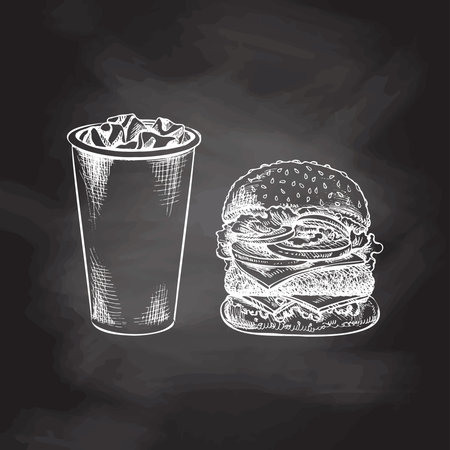 Hand-drawn white sketch of burger, paper cup of cola with ice isolated on chalk background. Monochrome junk food vintage illustration. Great for menu, poster or restaurant background.のイラスト素材