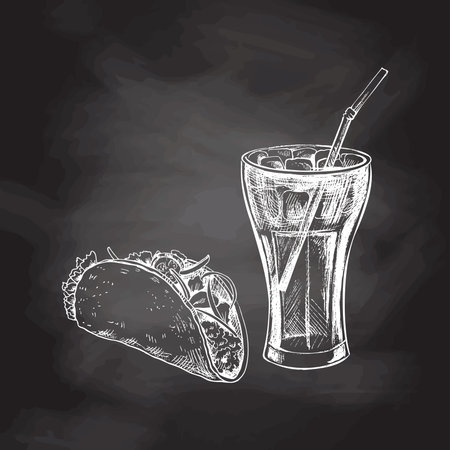 Hand-drawn white sketch of taco, cola glass with ice isolated on chalk background. Monochrome junk food vintage illustration. Great for menu, poster or restaurant background.の素材 [FY310202430096]