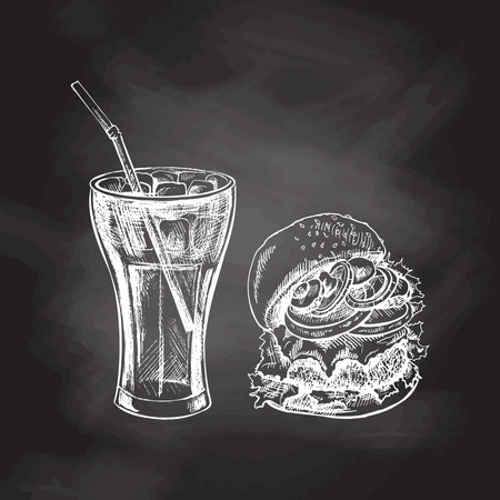 Hand-drawn white sketch of burger, cola glass with ice isolated on chalk background. Monochrome junk food vintage illustration. Great for menu, poster or restaurant background.のイラスト素材