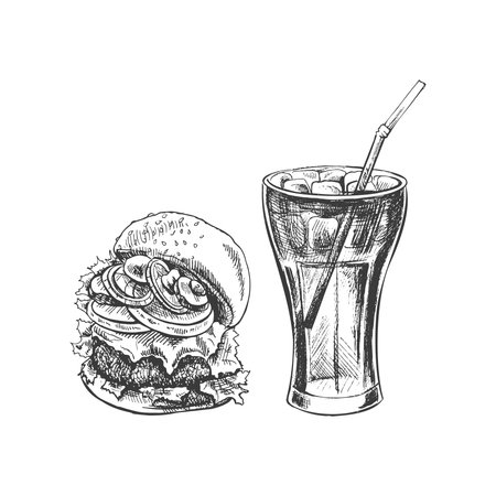 Hand-drawn sketch of burger, cola glass with ice, isolated. Monochrome junk food vintage illustration. Great for menu, poster or restaurant background.のイラスト素材