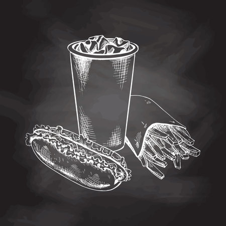 Hand-drawn white sketch of french fries in a carton box, hot dog and paper cup of cola with ice isolated on chalk background. Monochrome junk food vintage illustration. Great for menu, poster or restaurant background.のイラスト素材