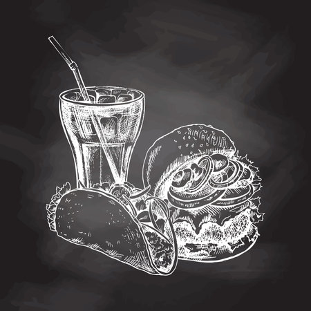 Hand-drawn white sketch of burger, taco and cola glass on chalk background. Monochrome junk food vintage illustration. Great for menu, poster or restaurant background.のイラスト素材