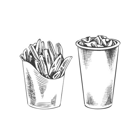 Hand-drawn sketch of french fries carton box, paper cup of cola with ice, isolated. Monochrome junk food vintage illustration. Great for menu, poster or restaurant background.のイラスト素材