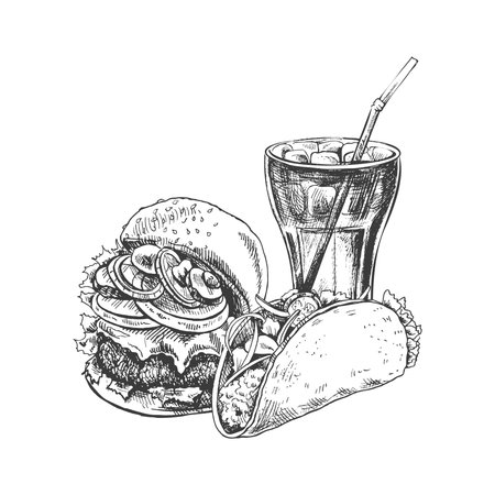 Hand-drawn sketch of burger, taco and cola glass, isolated. Monochrome junk food vintage illustration. Great for menu, poster or restaurant background.のイラスト素材