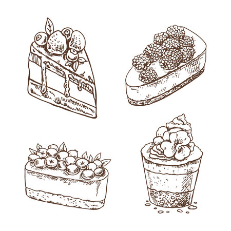 Tasty Creamy Sweet Desserts set isolated on white background. Vintage Vector Monochrome Illustration. Hand drawn sketch of Delicious Cupcakes and cakes With cream and berry tops. Design Gastronomy Product element. Great for menu, poster or restaurant background.のイラスト素材